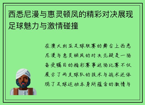 西悉尼漫与惠灵顿凤的精彩对决展现足球魅力与激情碰撞